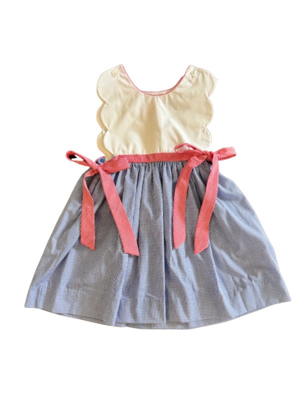 ❤️🤍💙Petit Bébé Blue & Red Gingham Scalloped Tank Dress Girls 3 🎇